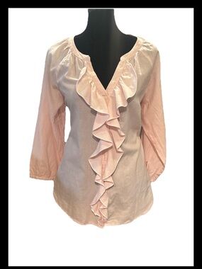 ELLE Pink/White Striped Ruffle V-Neck 3/4 Puff Sleeve Cotton Blouse, L